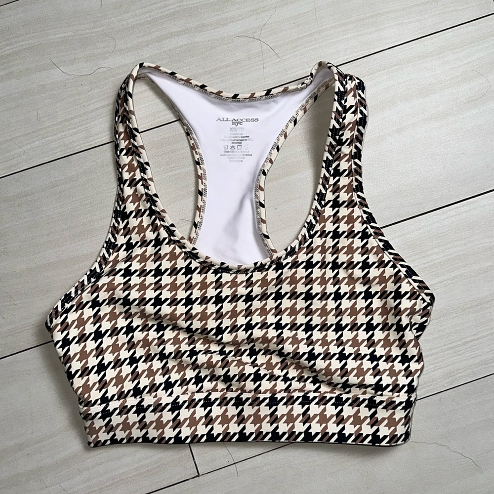 All Access NYC racerback plaid brown, black and tan patterned sports bra